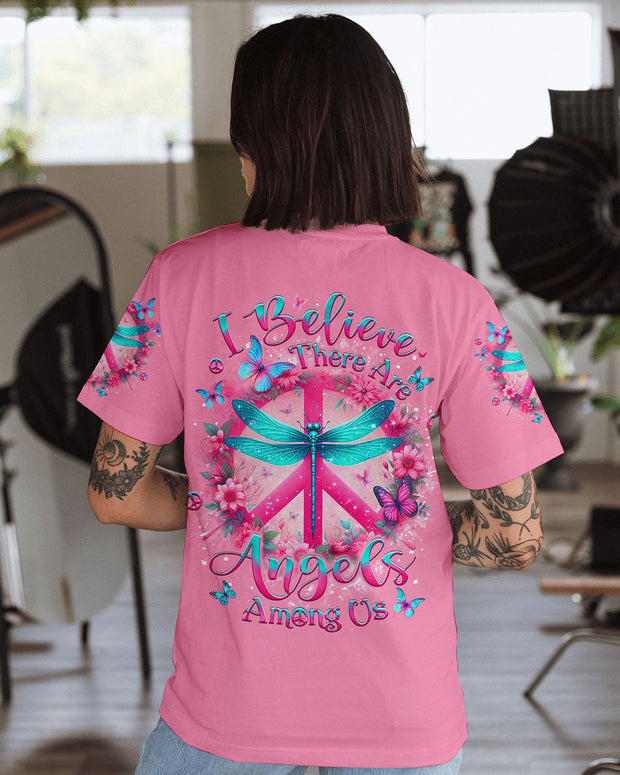 I Believe There Are Angels Among Us - Peace Sign and Dragonfly Graphic Tee for Women - AOP Shirts