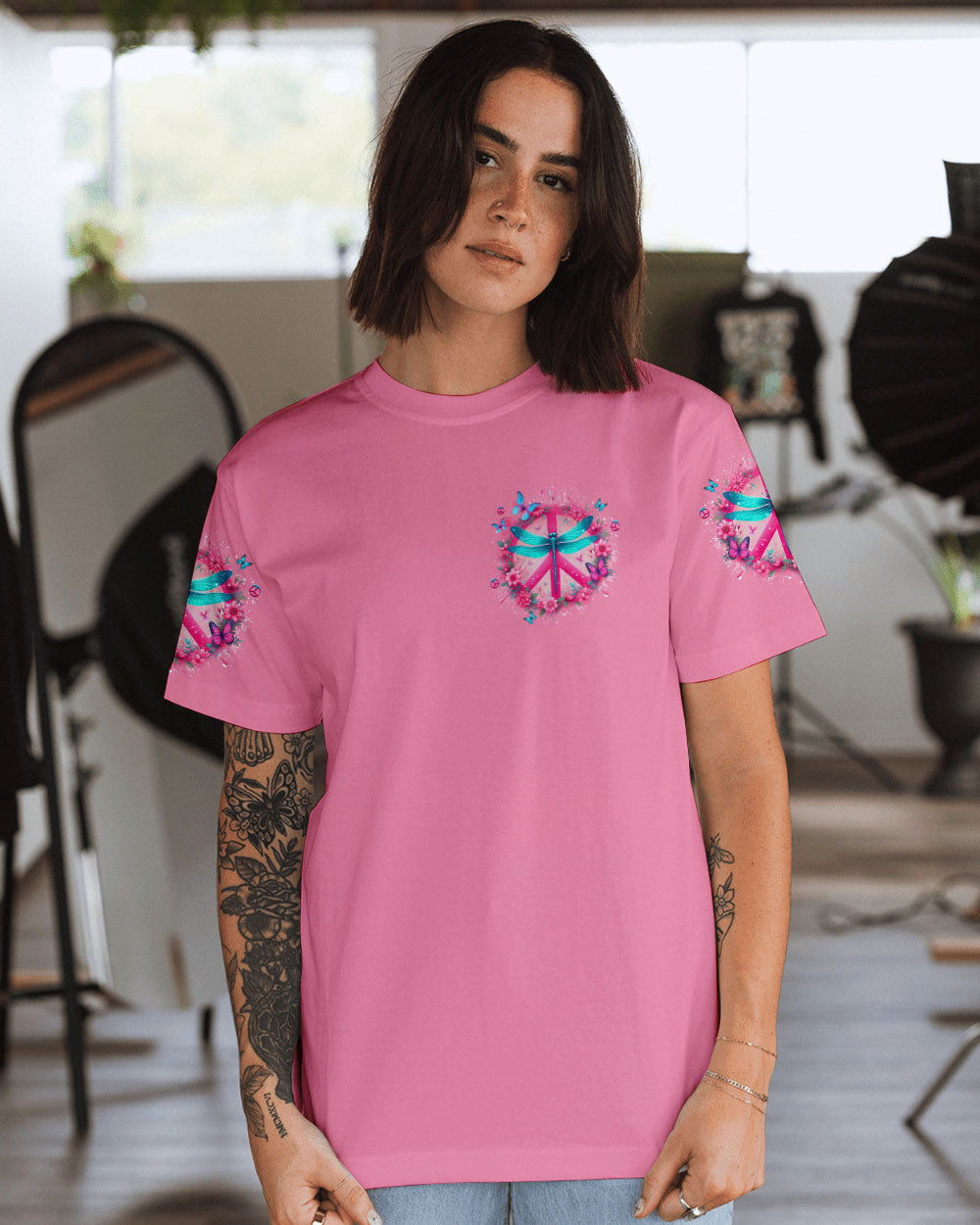 I Believe There Are Angels Among Us Peace Sign and Dragonfly Graphic Tee for Women AOP Shirts _2_ LMRiC