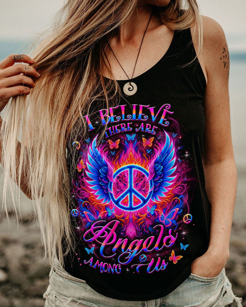 I Believe There Are Angels Among Us Peace Symbol and Wings Design for Women AOP Shirts _11_ 3XUgb