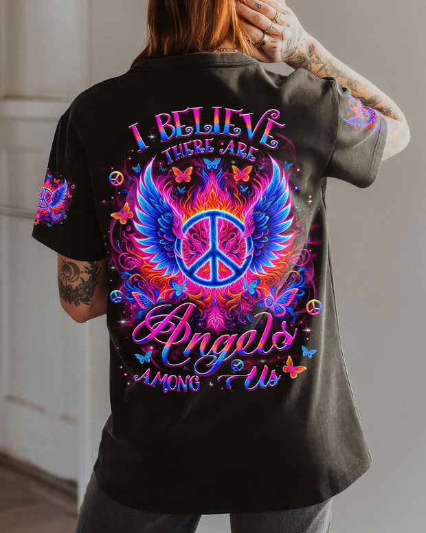 I Believe There Are Angels Among Us - Peace Symbol and Wings Design for Women - AOP Shirts