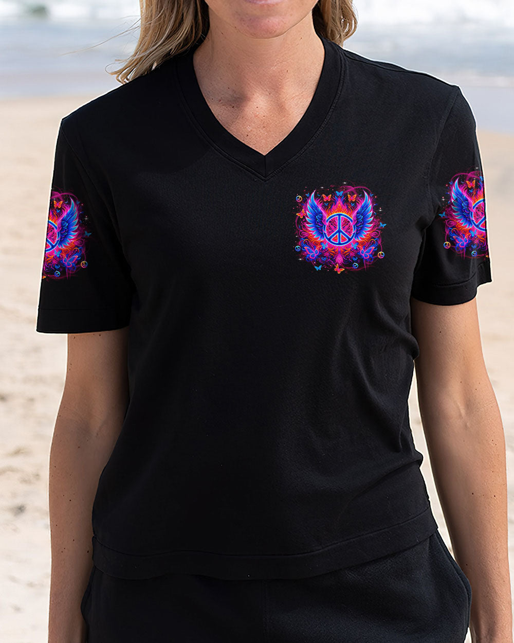 I Believe There Are Angels Among Us Peace Symbol and Wings Design for Women AOP Shirts _4_ ZU8X5