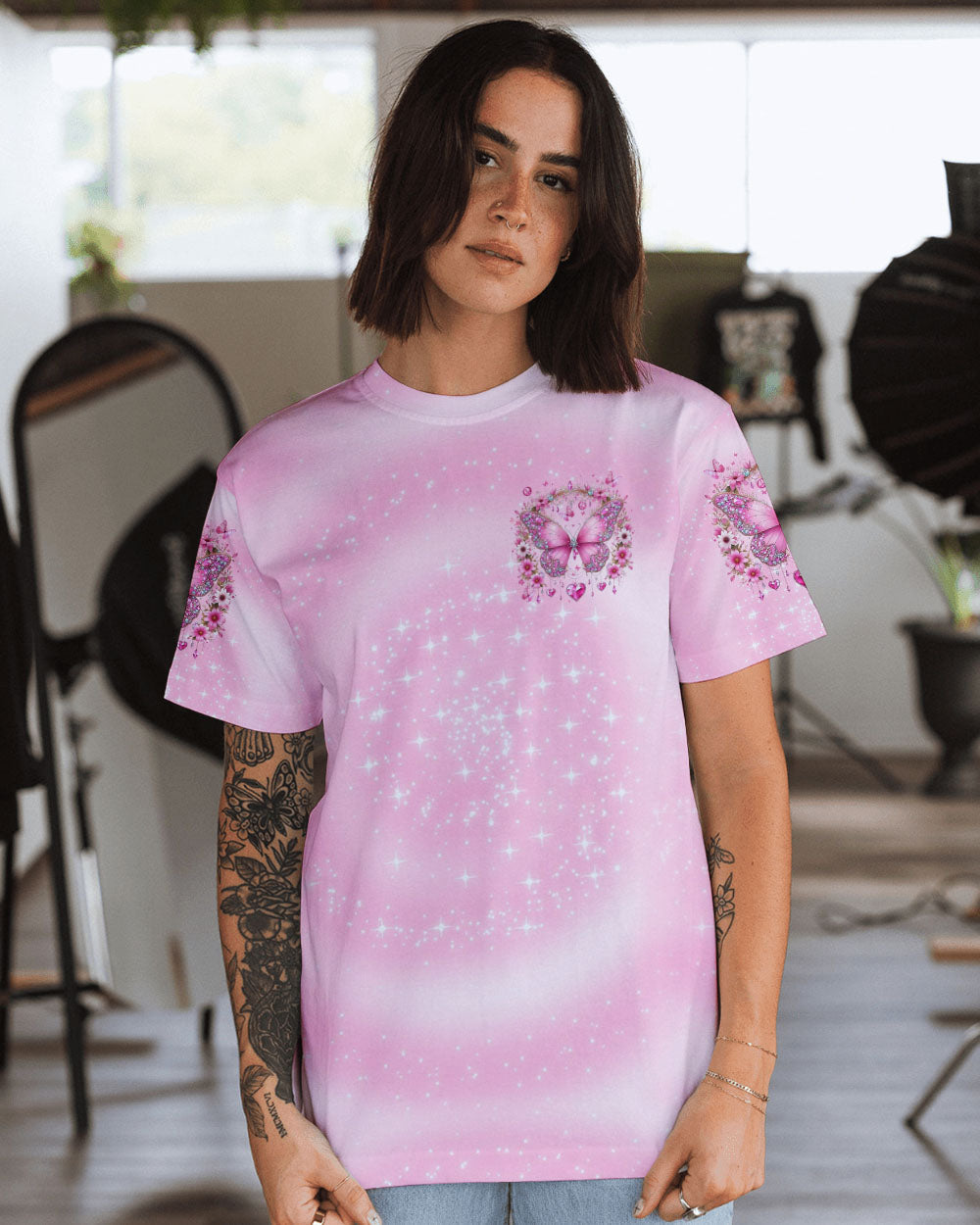 I Believe There Are Angels Among Us Pink Butterfly Memorial AOP Shirts _11_ ElwOG