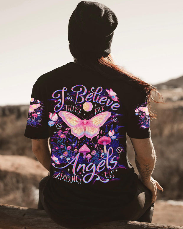 I Believe There Are Angels Among Us - Pink Butterfly and Mushroom Magical Nature - AOP Shirts