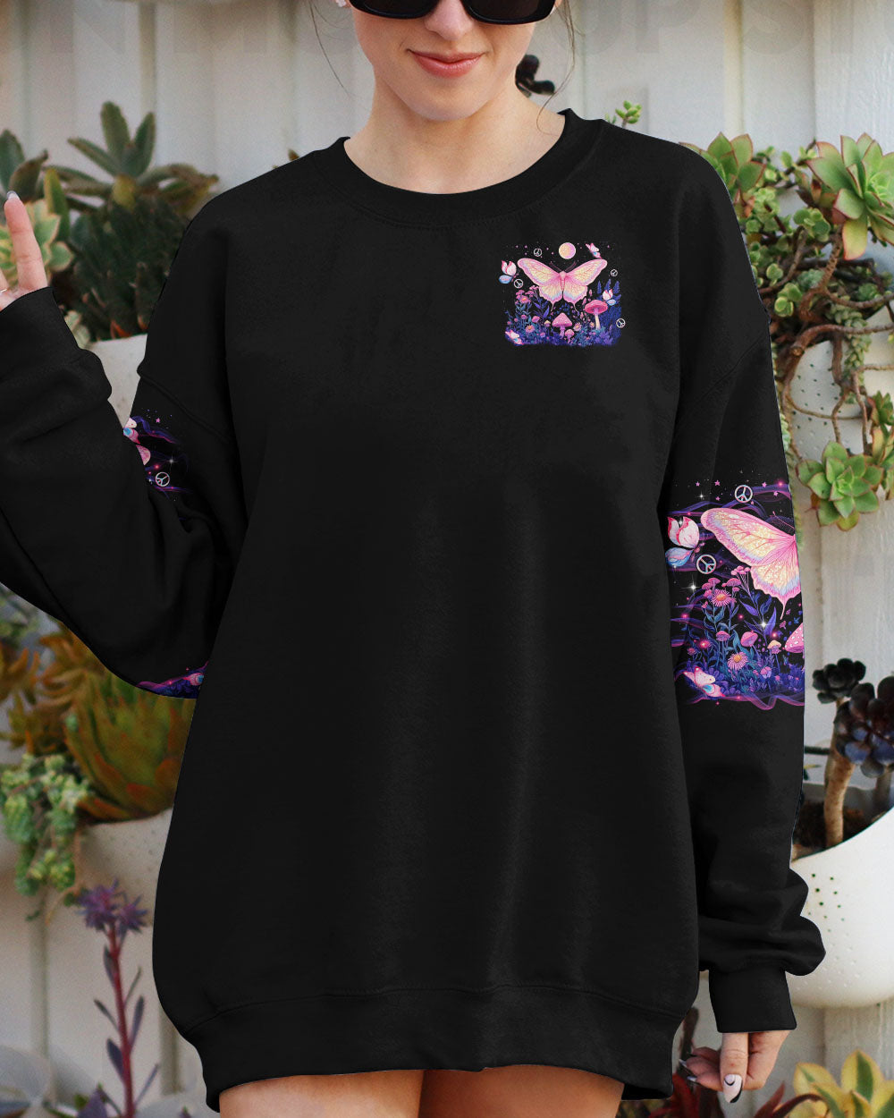 I Believe There Are Angels Among Us Pink Butterfly and Mushroom Magical Nature AOP Shirts _9_ OqX2f