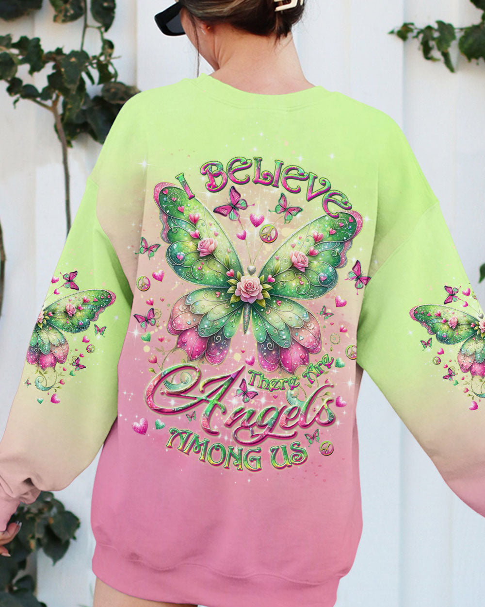 I Believe There Are Angels Among Us Pink and Green Butterfly Colorful AOP Shirts _9_ voLTJ