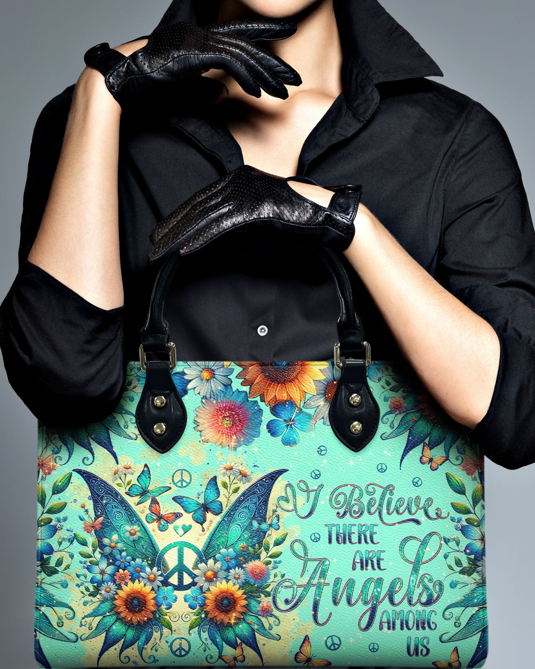 I Believe There Are Angels Among Us Sunflower Butterfly Peace Sign Wings Hippie Leather Bag _11_ OaxbJ