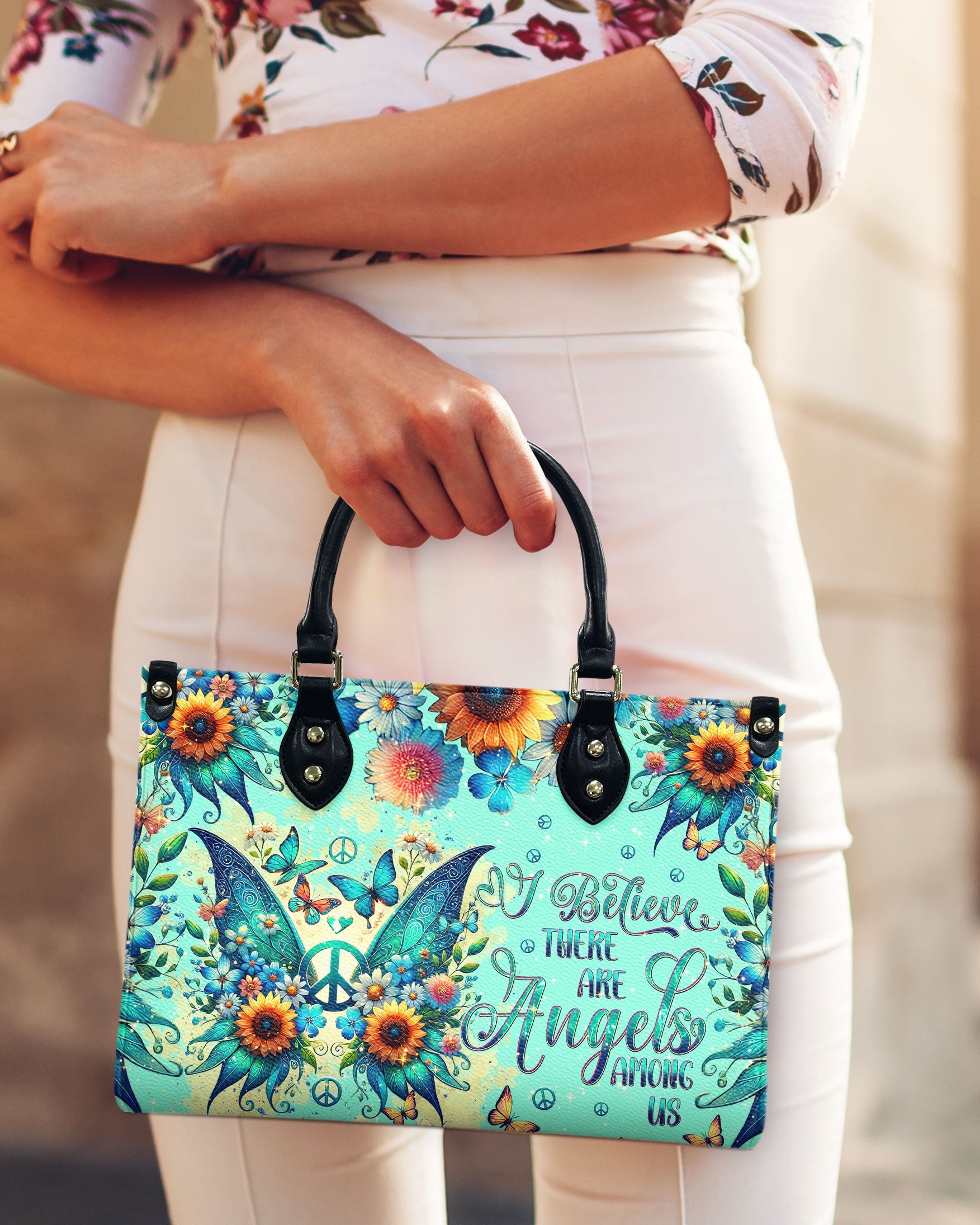 I Believe There Are Angels Among Us Sunflower Butterfly Peace Sign Wings Hippie Leather Bag _12_ gl3Uh