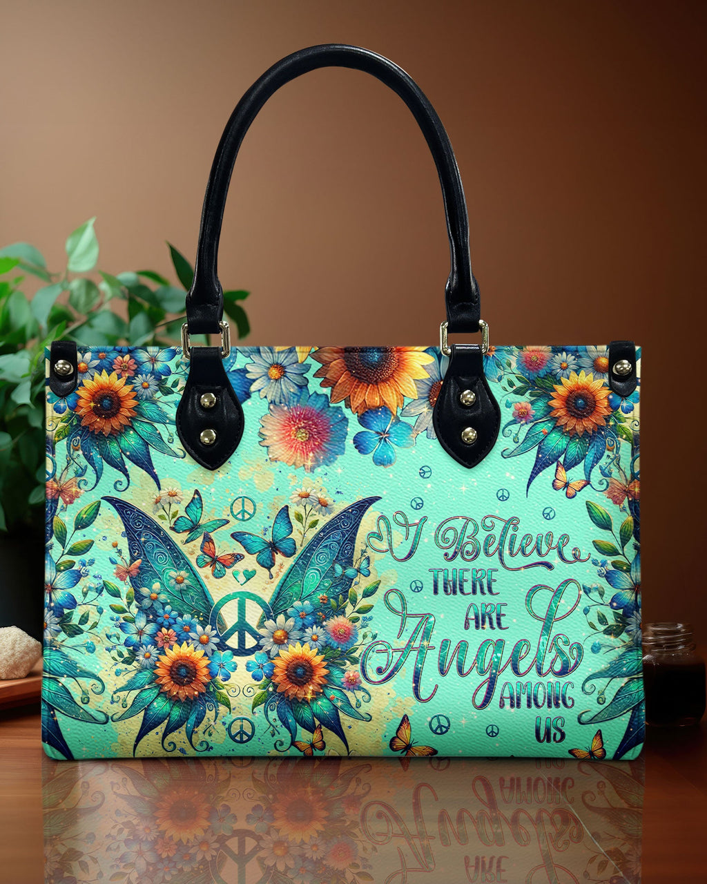 I Believe There Are Angels Among Us Sunflower Butterfly Peace Sign Wings Hippie Leather Bag _1_ NkFFS