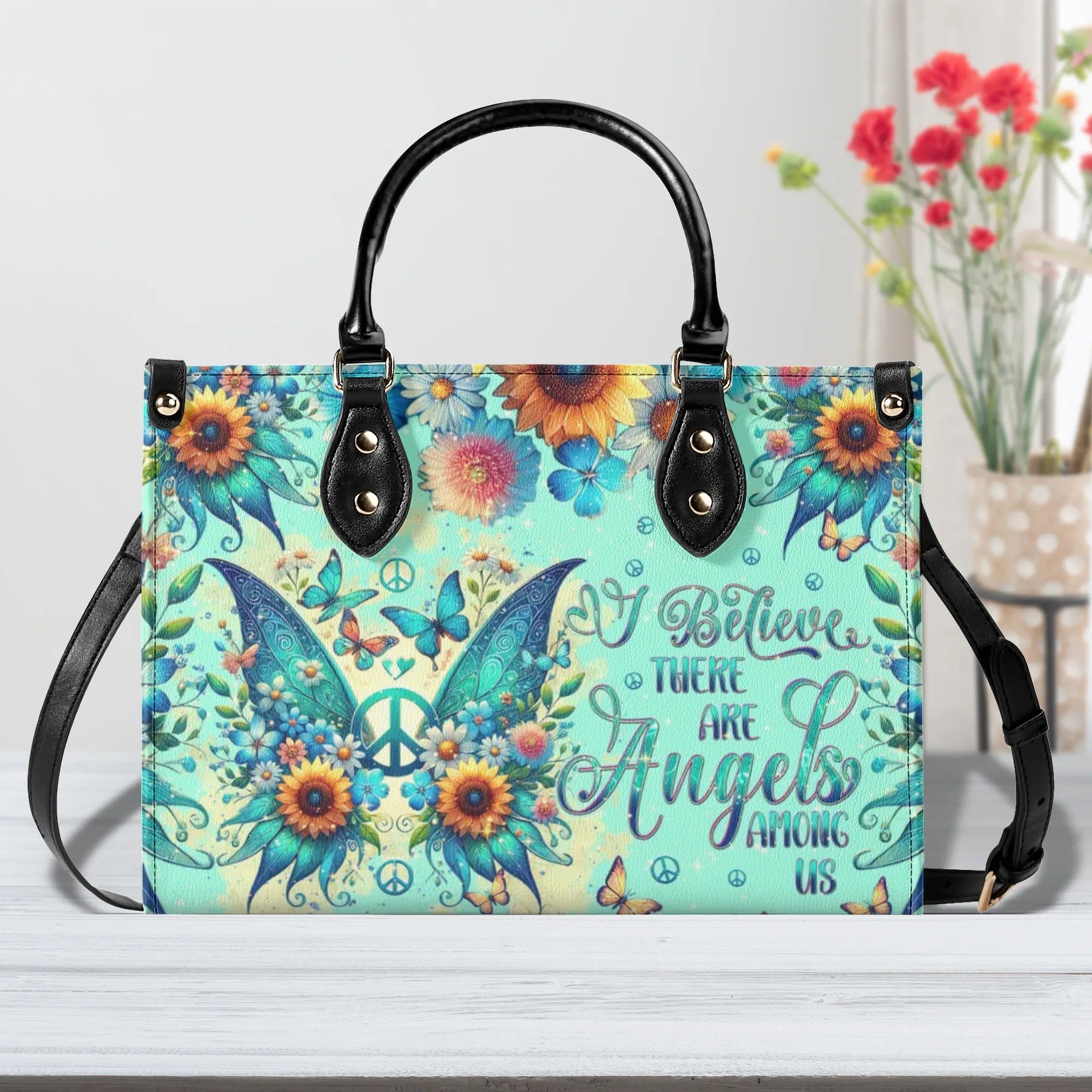 I Believe There Are Angels Among Us Sunflower Butterfly Peace Sign Wings Hippie Leather Bag _2_ xSoaF