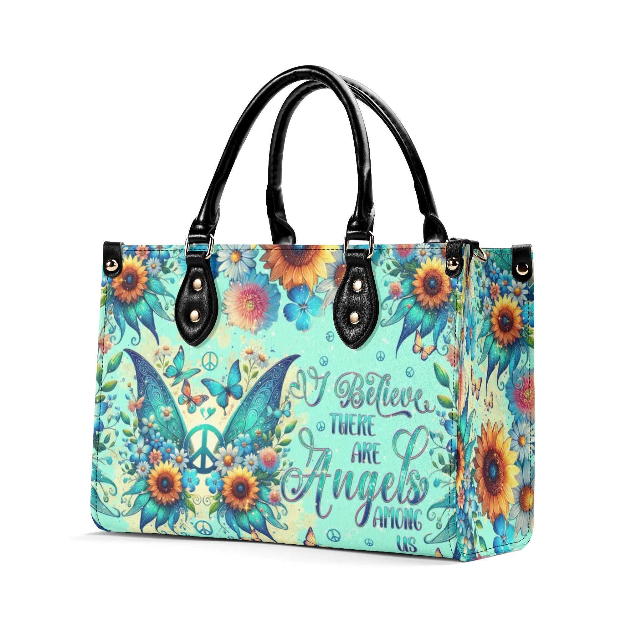 I Believe There Are Angels Among Us Sunflower Butterfly Peace Sign Wings Hippie Leather Bag _6_ uM8Ta