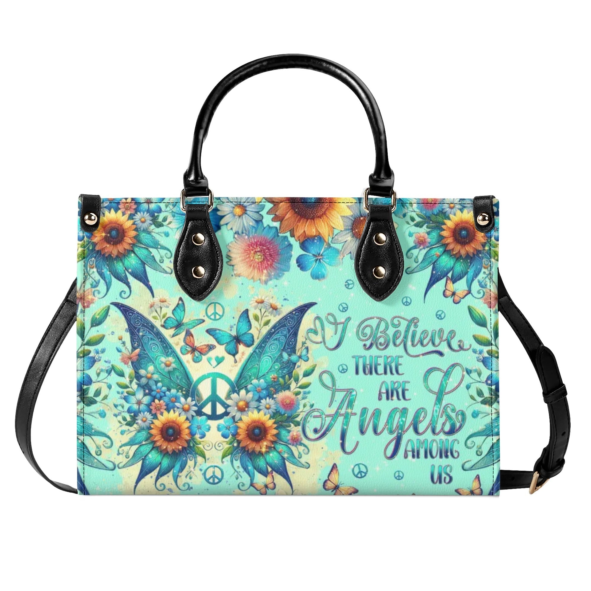 I Believe There Are Angels Among Us Sunflower Butterfly Peace Sign Wings Hippie Leather Bag _7_ Ii5dh