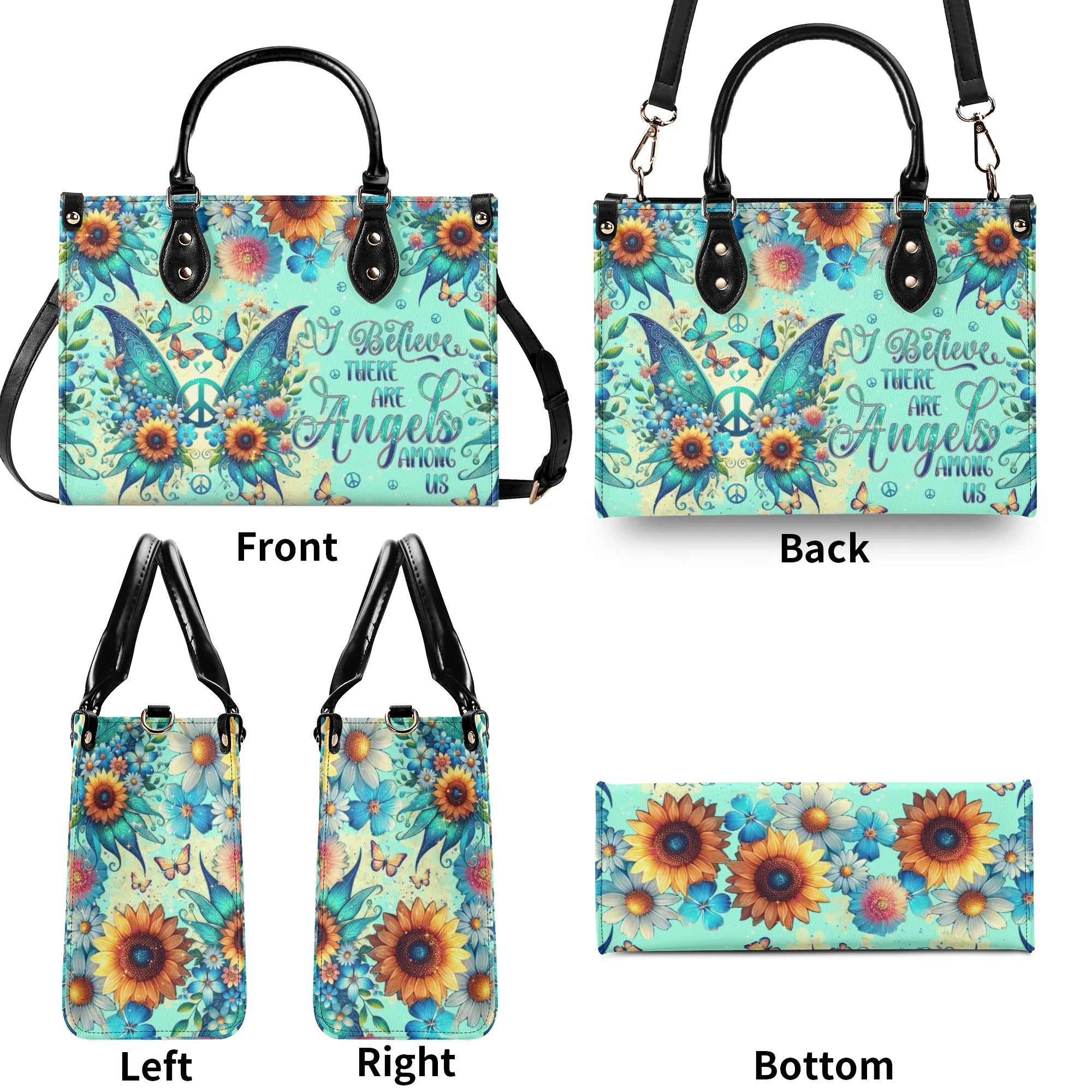 I Believe There Are Angels Among Us Sunflower Butterfly Peace Sign Wings Hippie Leather Bag _8_ vTumG