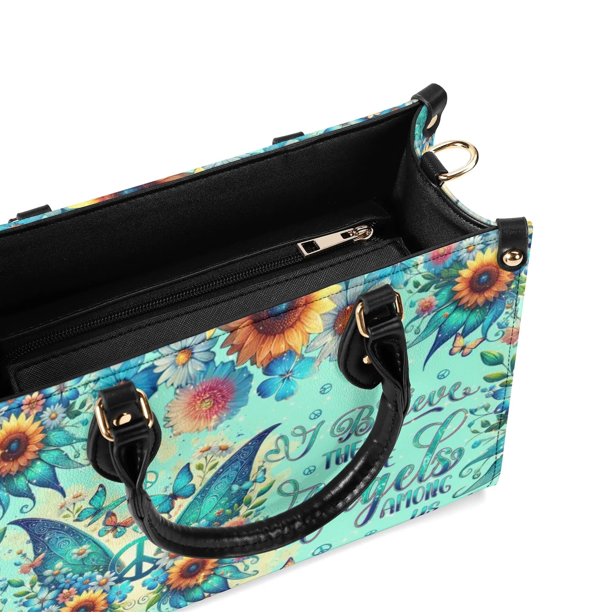 I Believe There Are Angels Among Us Sunflower Butterfly Peace Sign Wings Hippie Leather Bag _9_ uwezx
