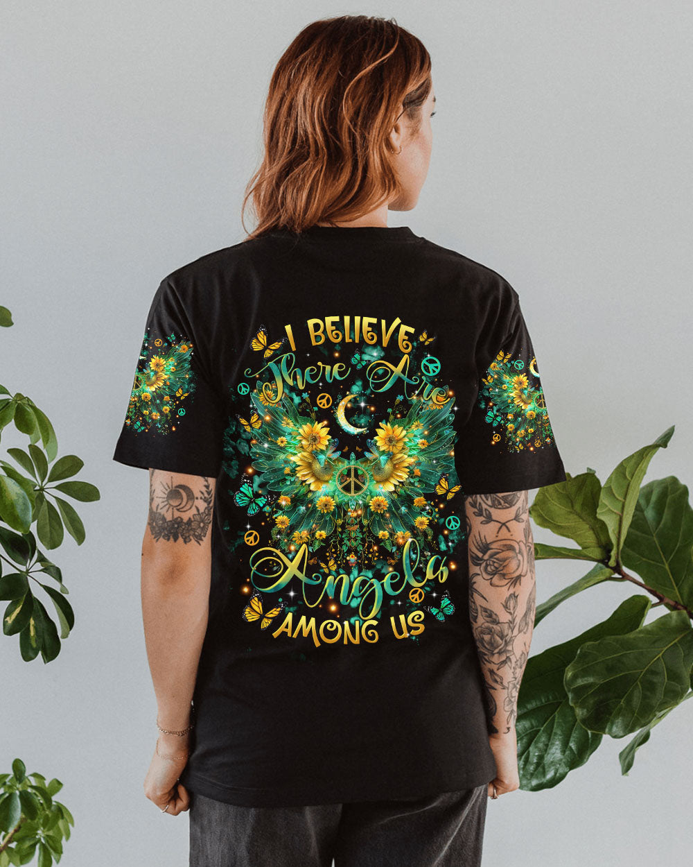 I Believe There Are Angels Among Us Sunflower Wings Peace Graphic AOP Shirts _10_ rTWRh