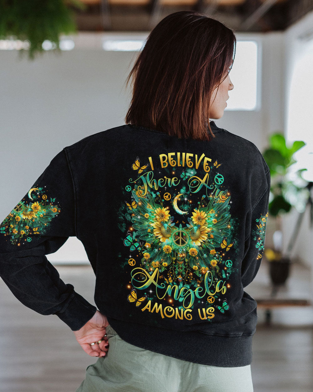 I Believe There Are Angels Among Us Sunflower Wings Peace Graphic AOP Shirts _3_ zrkvs