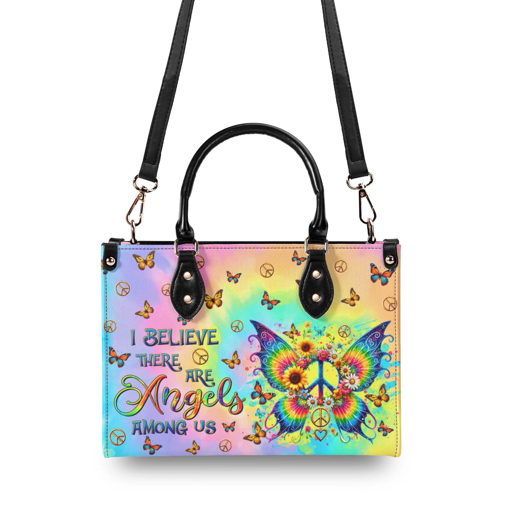 I Believe There Are Angels Among Us Tie Dye Colorful Butterfly Peace Sign Hippie Leather Bag _3_ hb8M7
