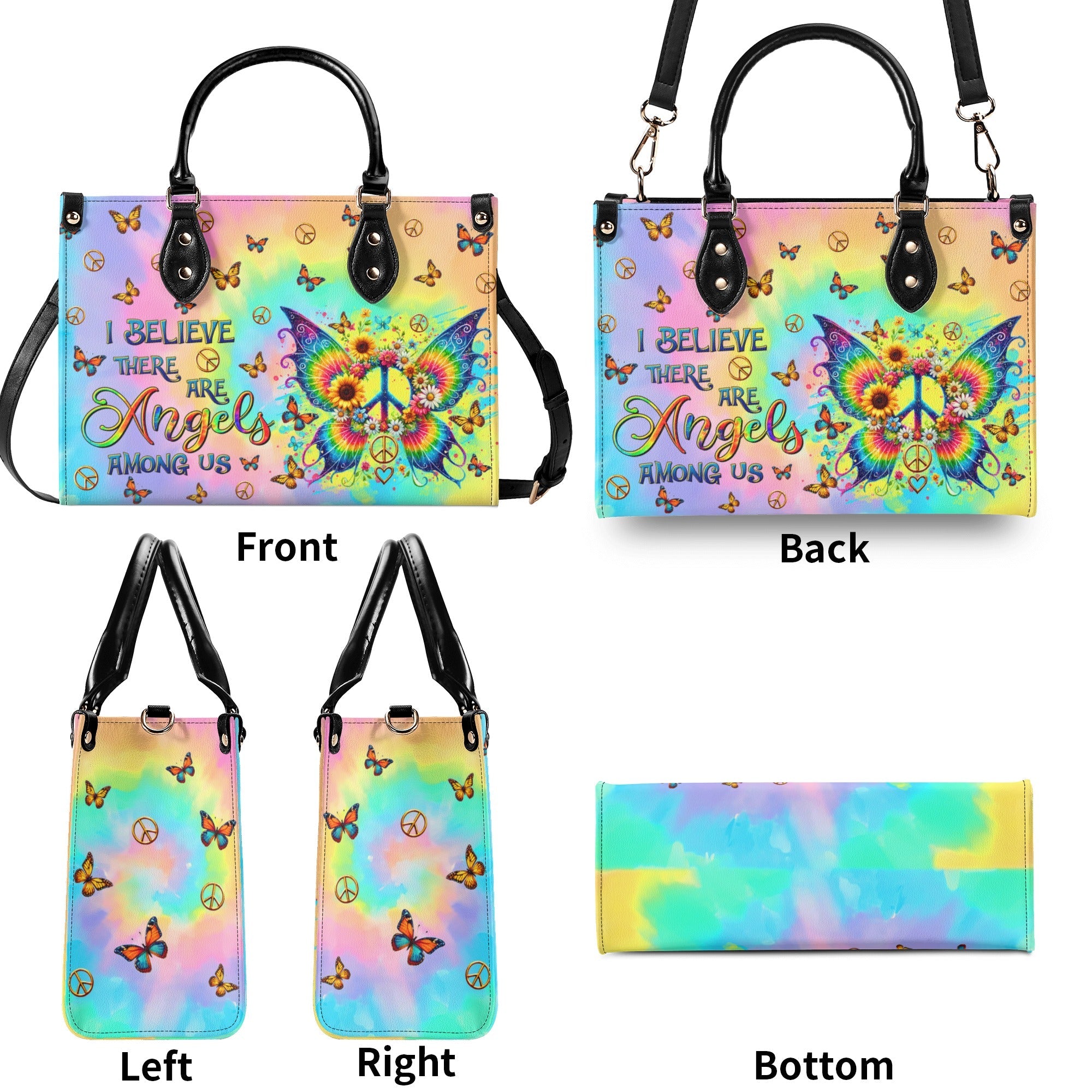 I Believe There Are Angels Among Us Tie Dye Colorful Butterfly Peace Sign Hippie Leather Bag _8_ 9j1sj