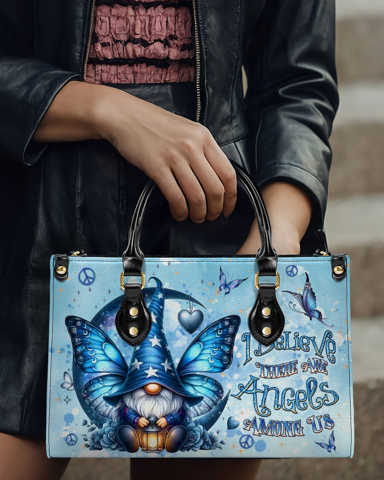 I Believe There Are Angels Among Us Whimsical Angel Gnome Blue Butterfly Hippie Leather Bag _11_ 0xmqN