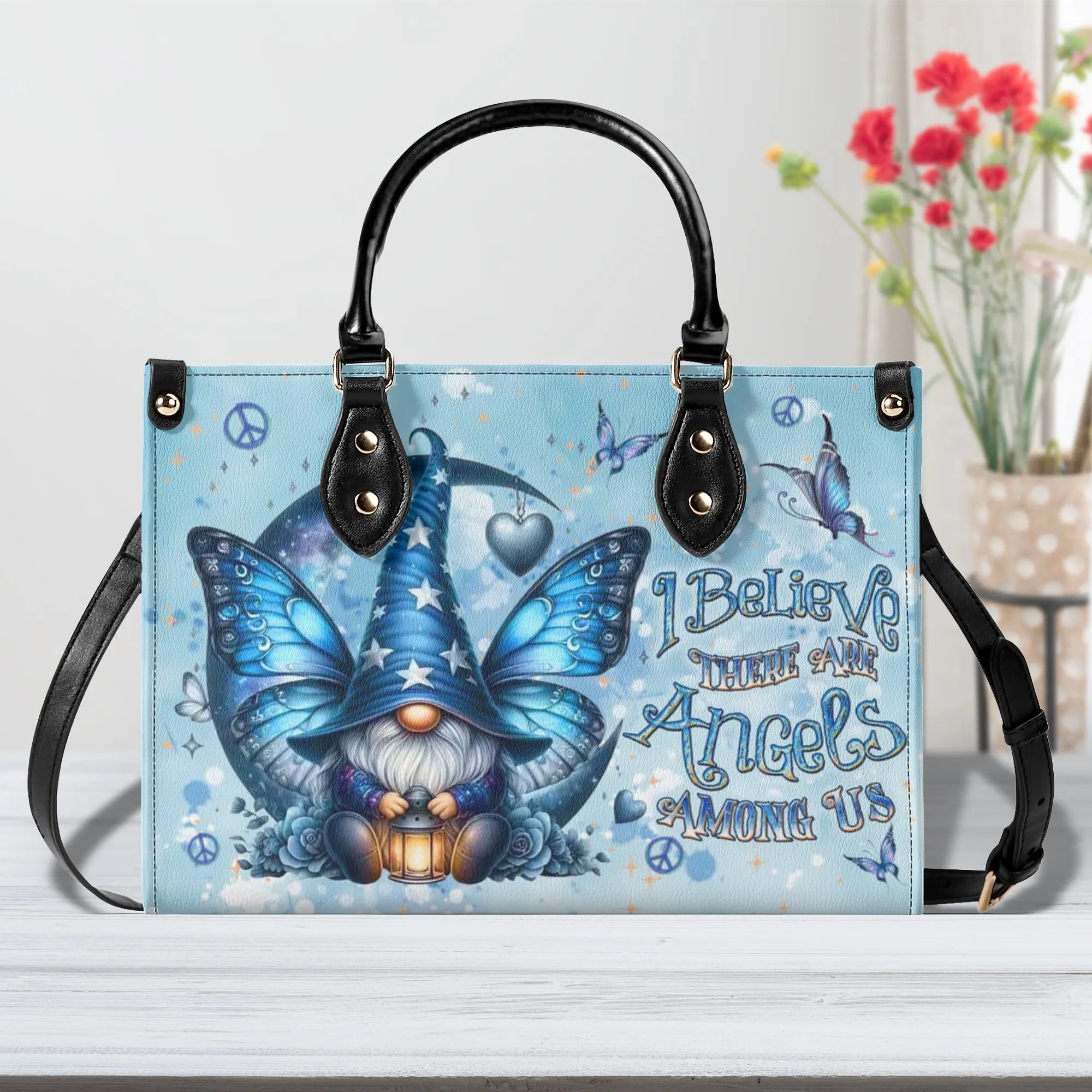 I Believe There Are Angels Among Us Whimsical Angel Gnome Blue Butterfly Hippie Leather Bag _1_ u6C2x