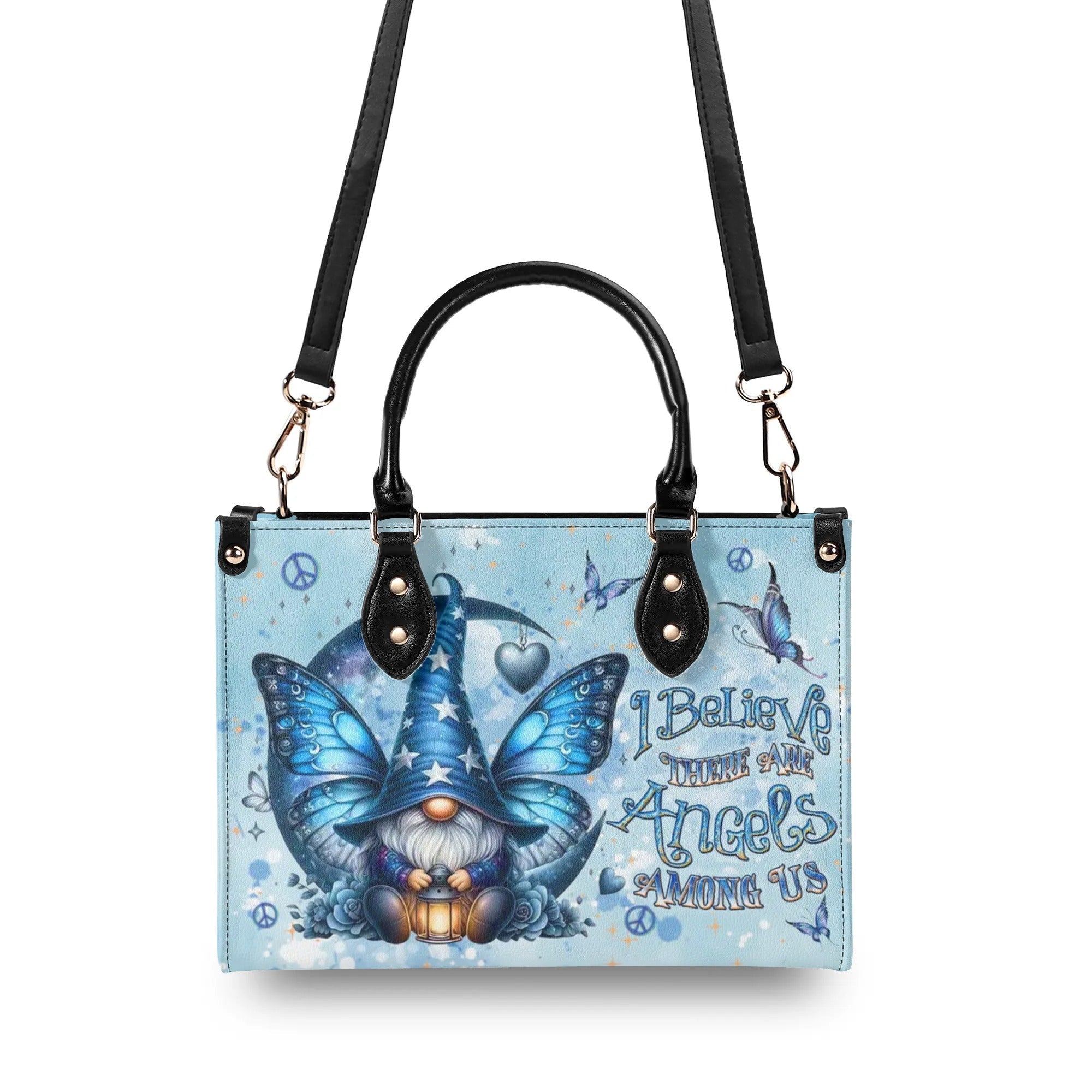 I Believe There Are Angels Among Us Whimsical Angel Gnome Blue Butterfly Hippie Leather Bag _2_ AxanR