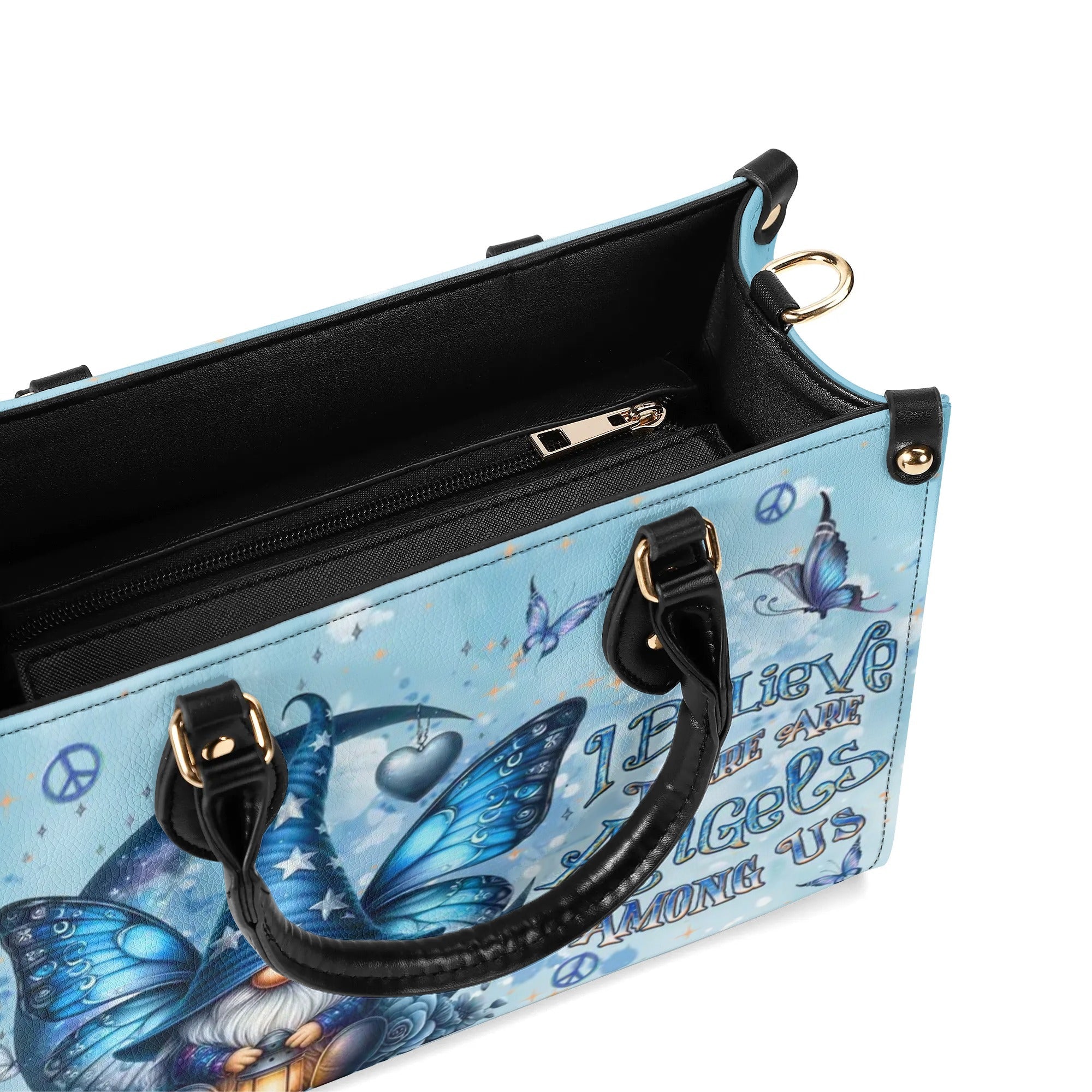 I Believe There Are Angels Among Us Whimsical Angel Gnome Blue Butterfly Hippie Leather Bag _5_ WuwsB