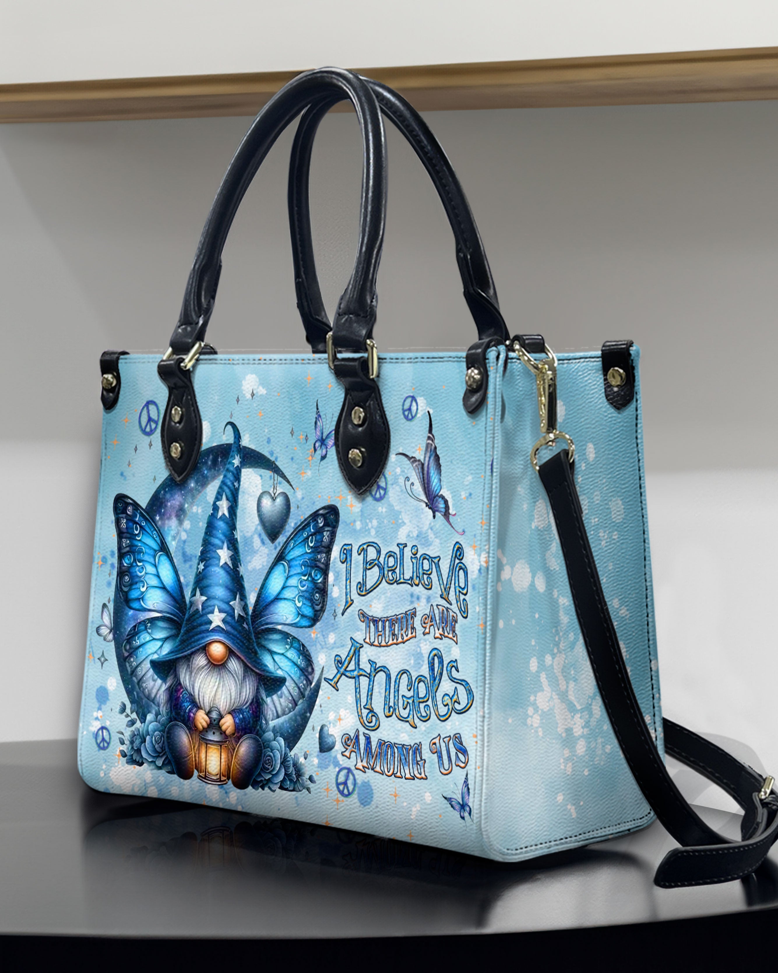 I Believe There Are Angels Among Us Whimsical Angel Gnome Blue Butterfly Hippie Leather Bag _7_ zface