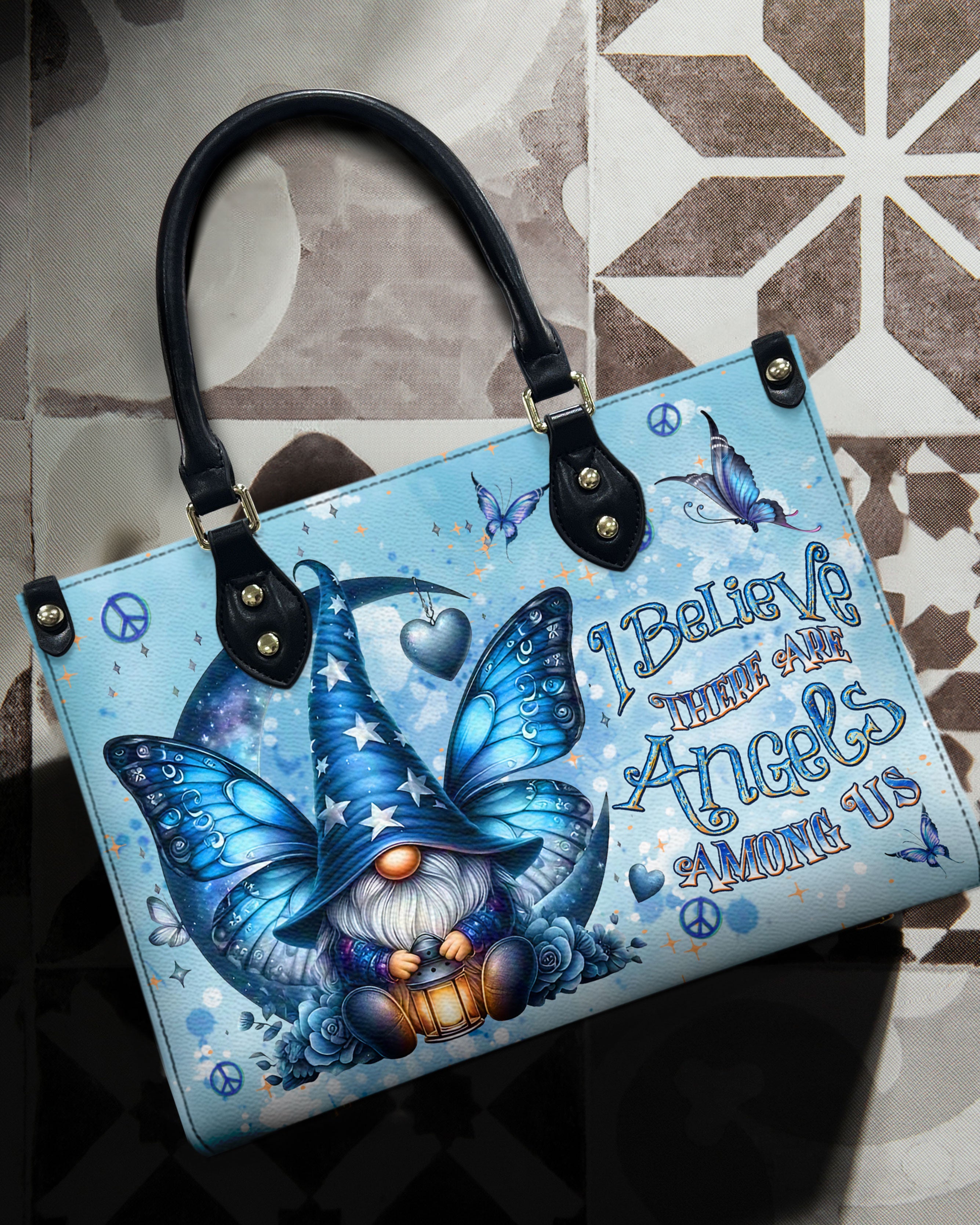 I Believe There Are Angels Among Us Whimsical Angel Gnome Blue Butterfly Hippie Leather Bag _9_ 7Msu1