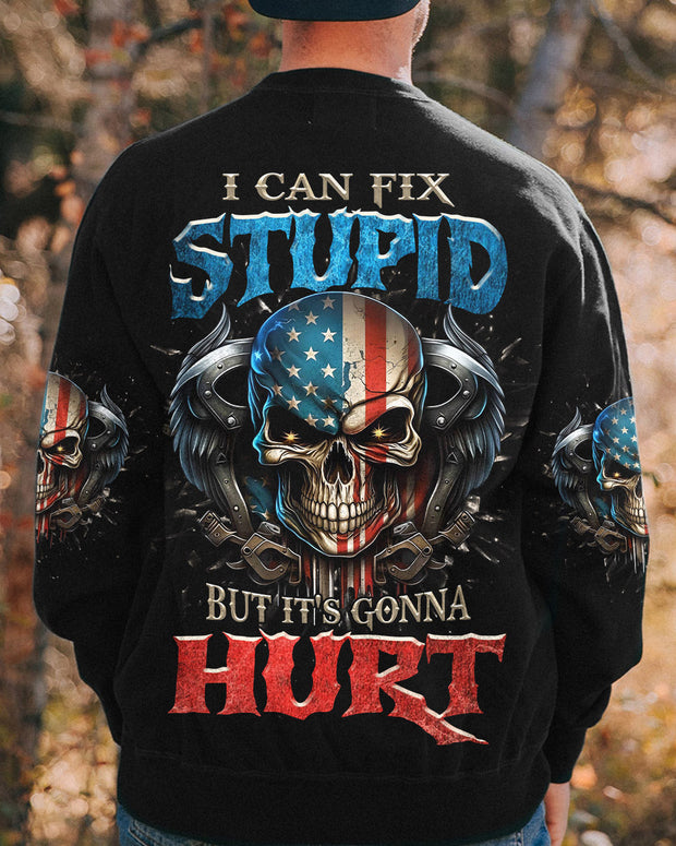 I Can Fix Stupid But Its Gonna Hurt - Patriotic Skull USA Flag Funny Mechanic - AOP Shirts QT6051201