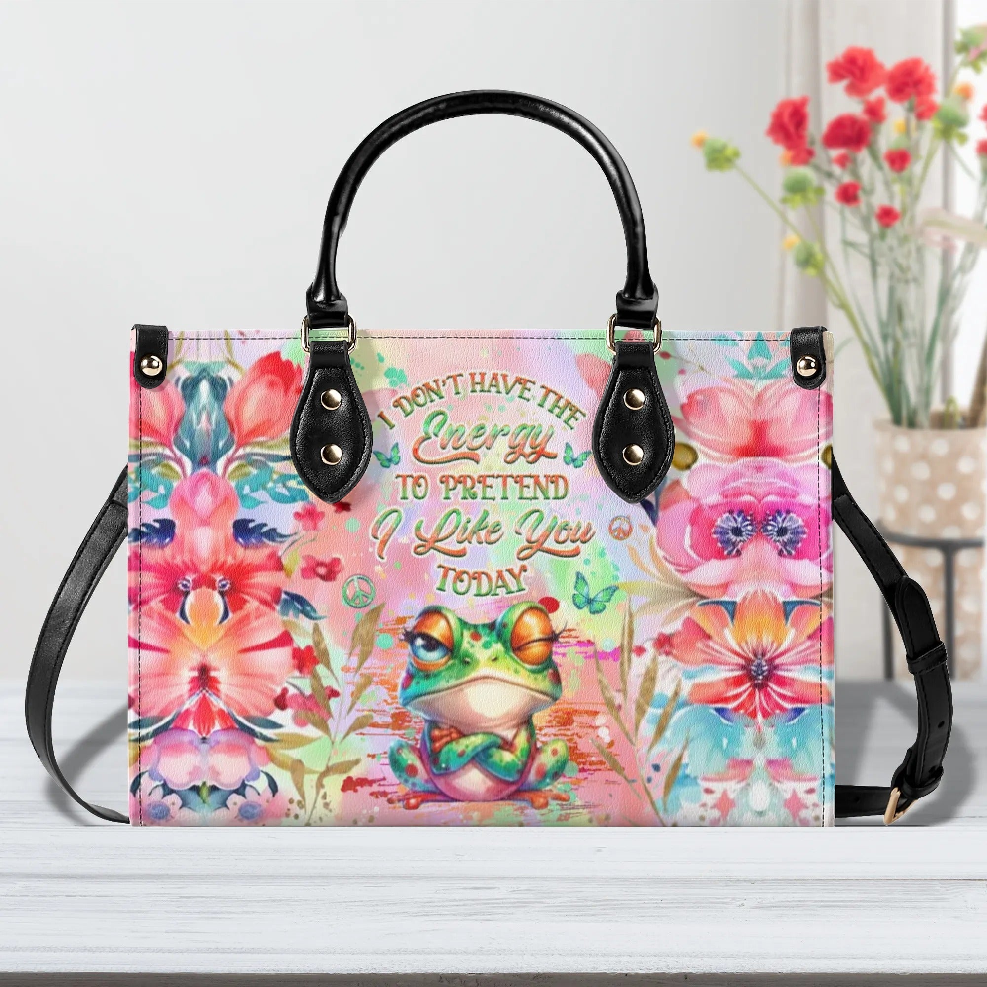 I Don_E2_80_99t Have the Energy to Pretend I Like You Today Funny Grumpy Frog Hippie Leather Bag _1_ 9BU0Q