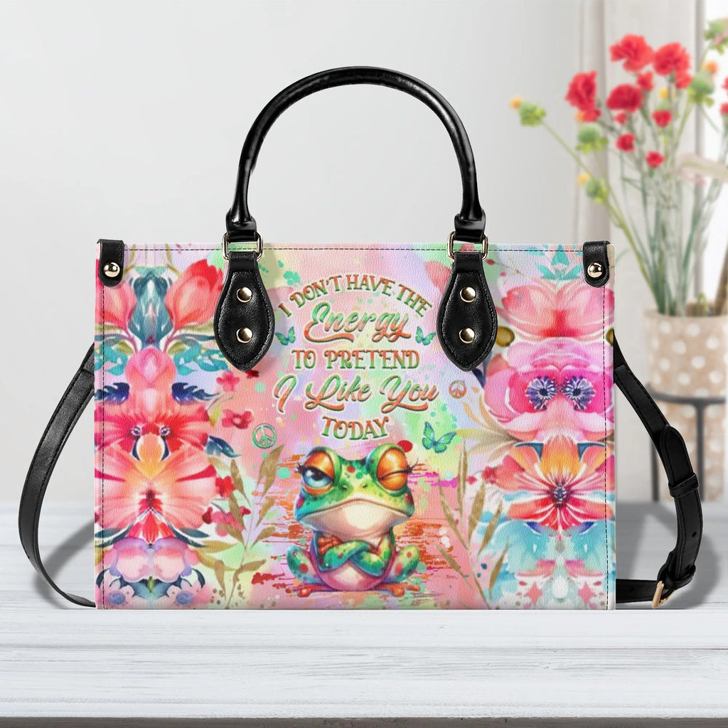 I Don_E2_80_99t Have the Energy to Pretend I Like You Today Funny Grumpy Frog Hippie Leather Bag _1_ 9BU0Q