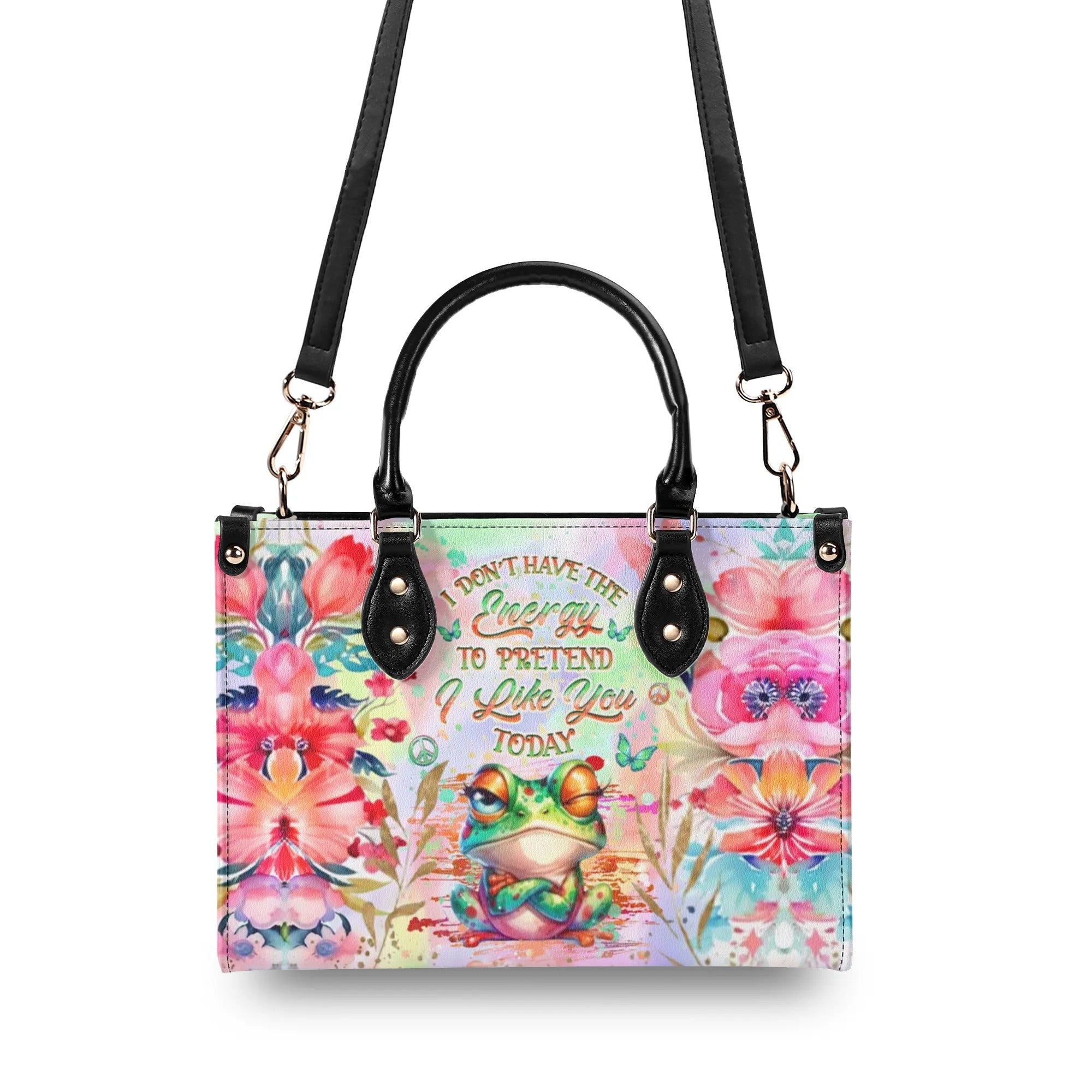 I Don_E2_80_99t Have the Energy to Pretend I Like You Today Funny Grumpy Frog Hippie Leather Bag _2_ HbmuW