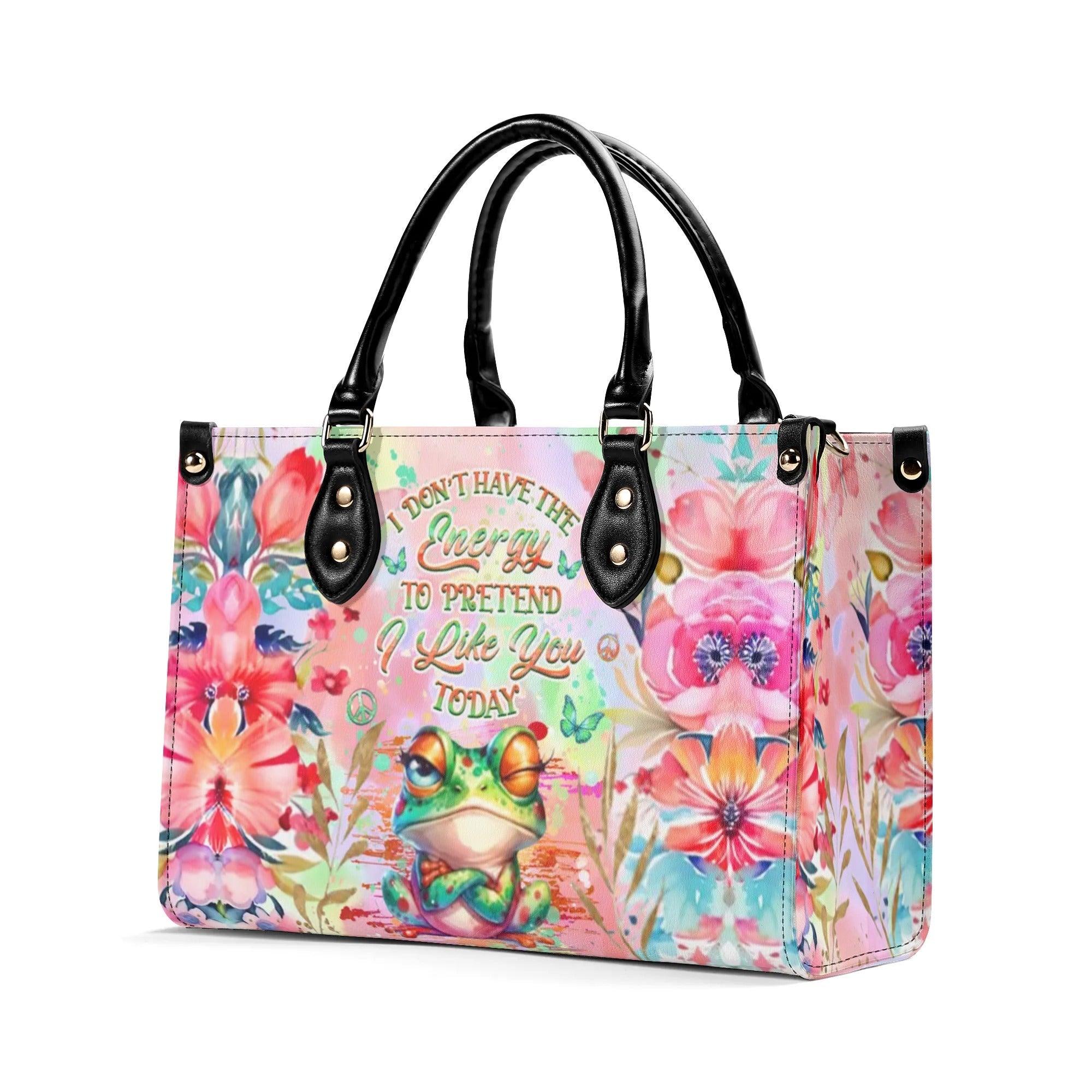 I Don_E2_80_99t Have the Energy to Pretend I Like You Today Funny Grumpy Frog Hippie Leather Bag _4_ ehxyq