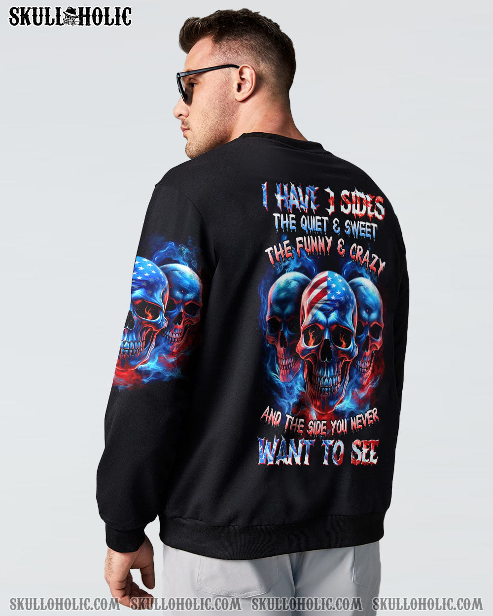 I Have 3 Sides Patriotic American Flag Skull Funny Crazy Graphic AOP Shirts _15_ IU4Y6