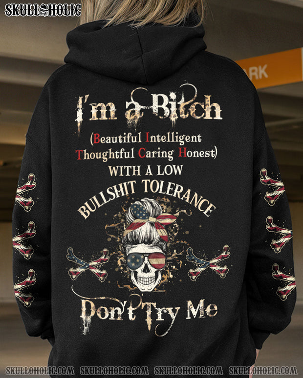 I'm a B Don't Try Me - Patriotic Skull with Flag Funny Graphic Tee for Women - AOP Shirts