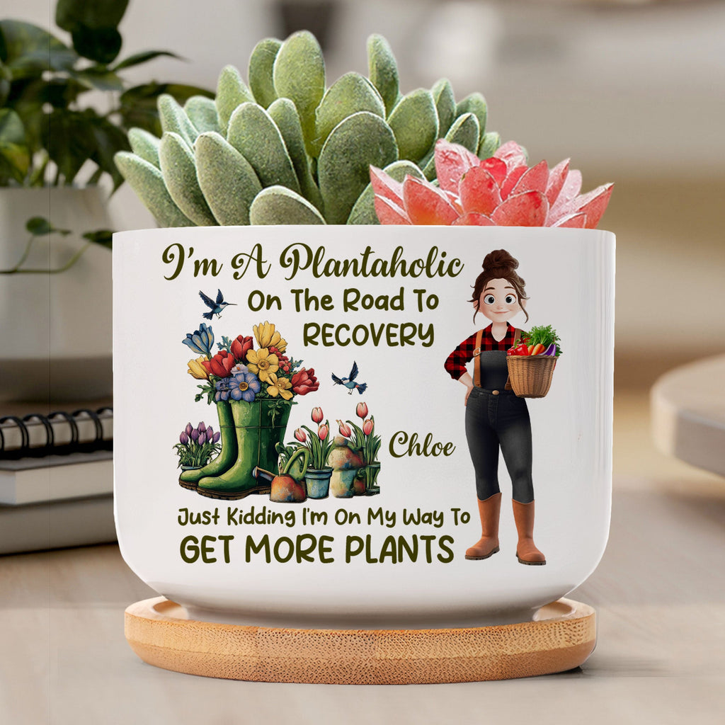 I_m A Plantaholic On The Road To Recovery Cartoon Personalized Ceramic Plant Pot_1