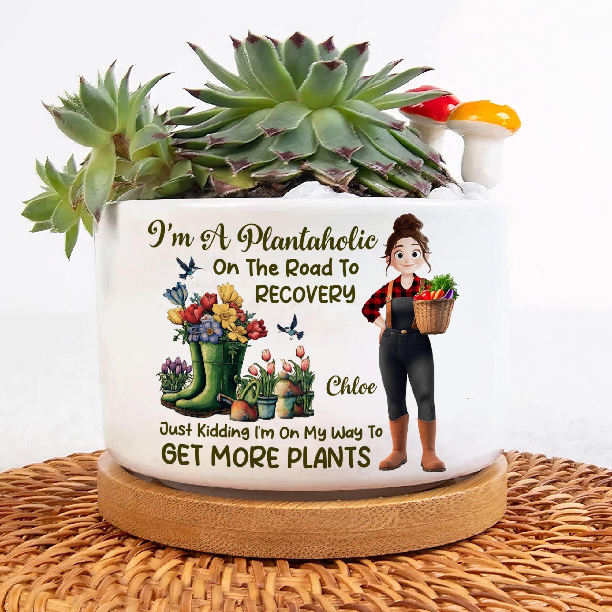 I_m A Plantaholic On The Road To Recovery Cartoon Personalized Ceramic Plant Pot_3