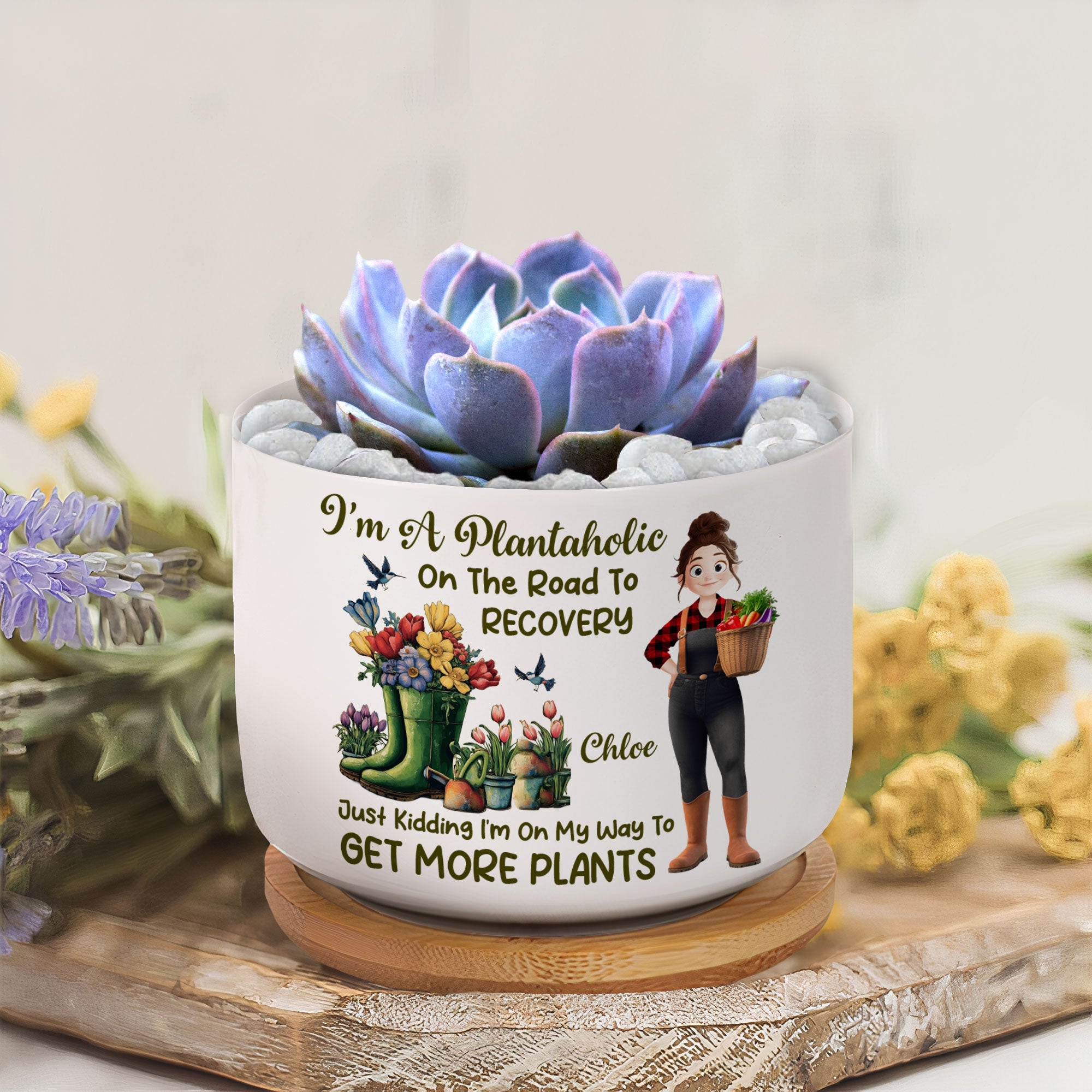 I_m A Plantaholic On The Road To Recovery Cartoon Personalized Ceramic Plant Pot_4