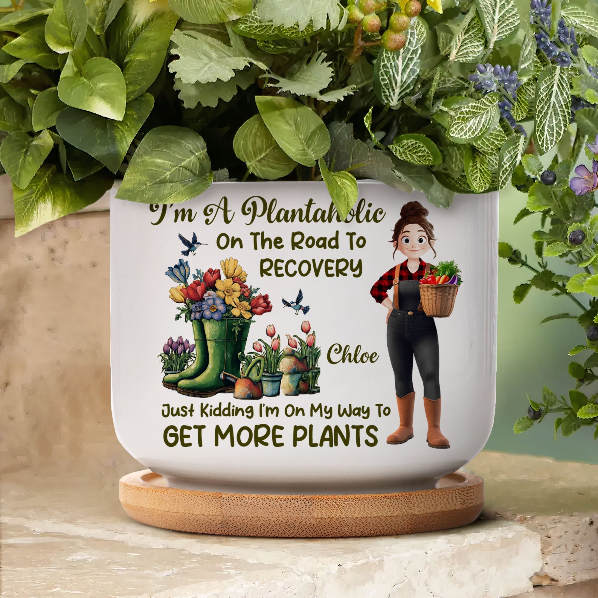 I_m A Plantaholic On The Road To Recovery Cartoon Personalized Ceramic Plant Pot_5