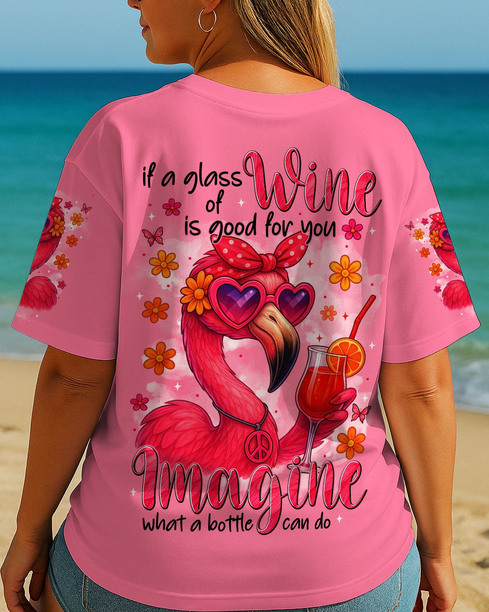 If A Glass of Wine is Good for You Imagine Flamingo Drink Cocktail Design for Women AOP Shirts _3_ fysMc