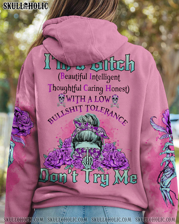 I'm a B Don't Try Me - Pink Skull and Rose Floral Attitude Graphic for Women - AOP Shirts