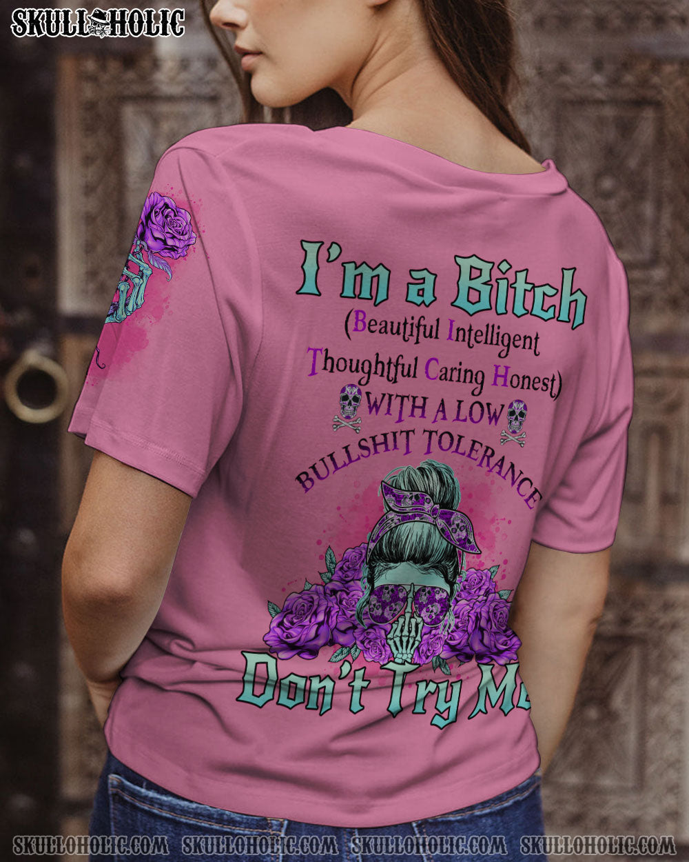 Im a B Dont Try Me Pink Skull and Rose Floral Attitude Graphic for Women AOP Shirts _5_ MD1PH
