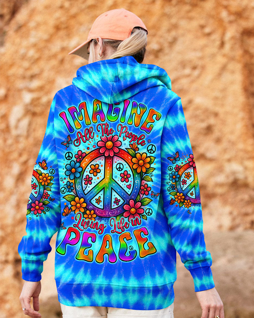 Imagine All The People Living Life In Peace Peace Symbol with Flower Tie Dye Design for Women AOP Shirts 1FoTj