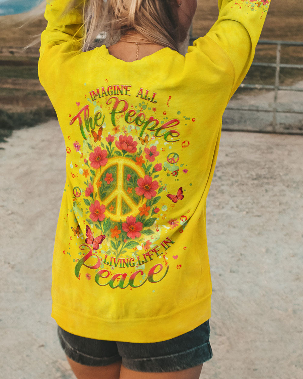 Imagine All The People Living Life in Peace Peace Symbol with Flower Design for Women AOP Shirts _10_ 8Crnd
