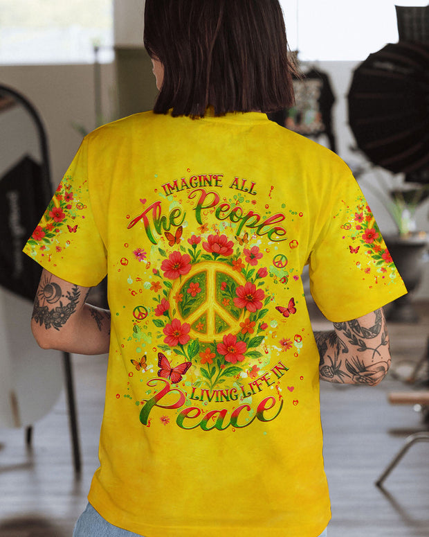 Imagine All The People Living Life in Peace - Peace Symbol with Flower Design for Women - AOP Shirts