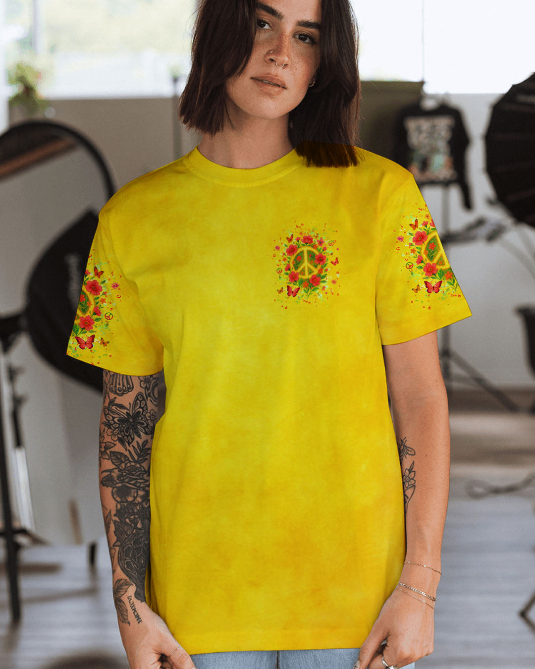 Imagine All The People Living Life in Peace Peace Symbol with Flower Design for Women AOP Shirts _3_ TbqRo