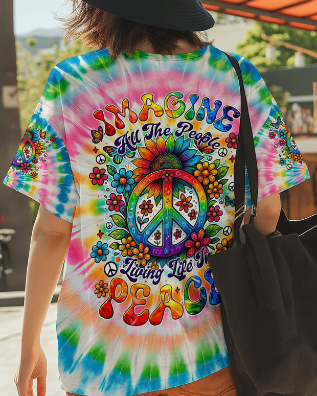 Imagine All The People Living Life in Peace - Sunflower and Peace Symbol Tie-Dye Design - AOP Shirts