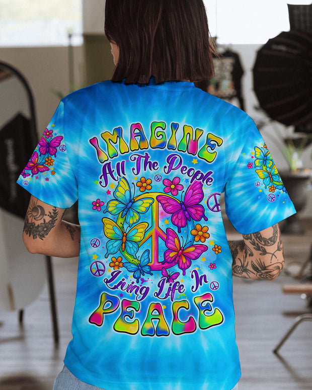 Imagine All The People Living Life in Peace - Tie-Dye Peace Symbol & Butterfly - AOP Shirts