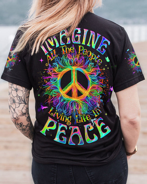 Imagine All the People Living Life in Peace - Neon Peace Symbol Hippie Style - AOP Shirts QT5121602
