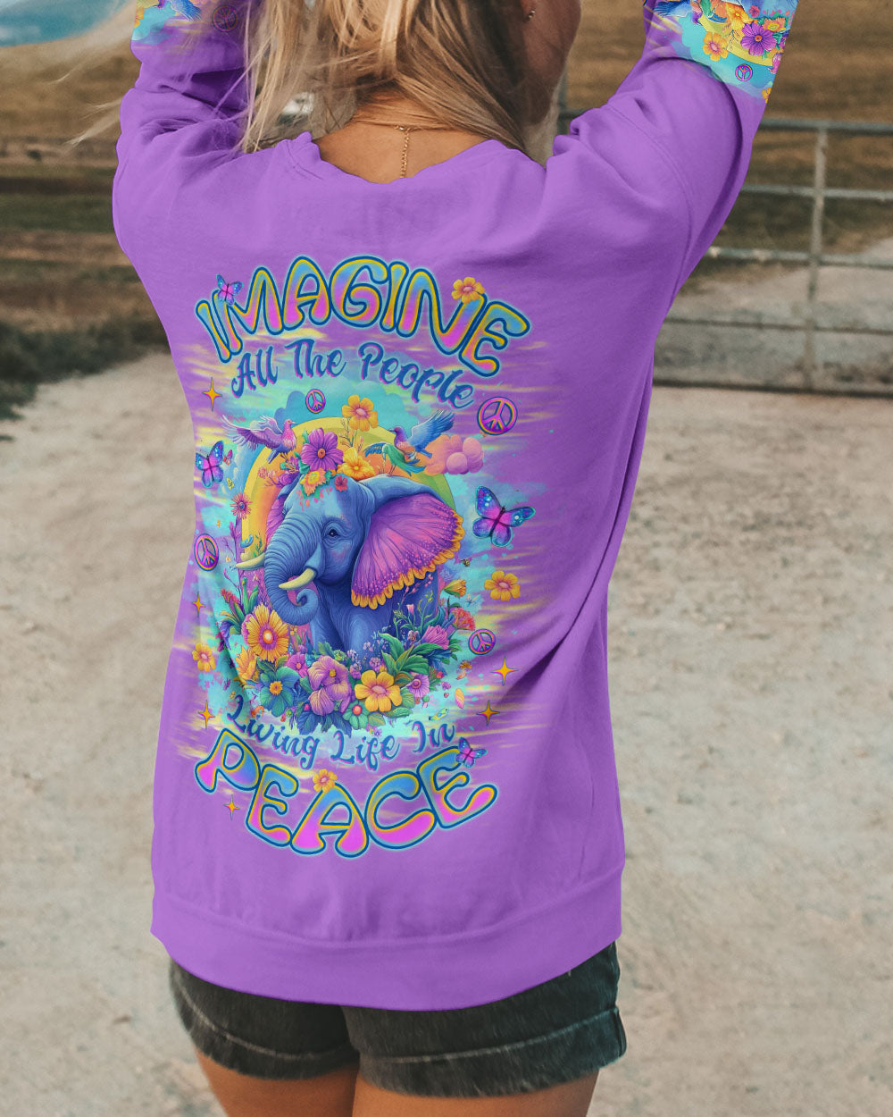 Imagine All the People Living Life in Peace Peaceful Elephant with Colorful Floral Vibes AOP Shirts _7_ juazS