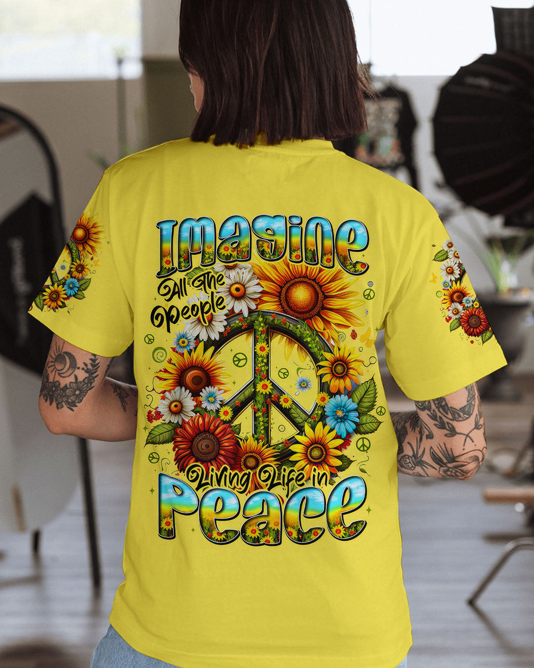 Imagine All the People Living Life in Peace Sunflower Peace Sign Design AOP Shirts _12_ 16UV6